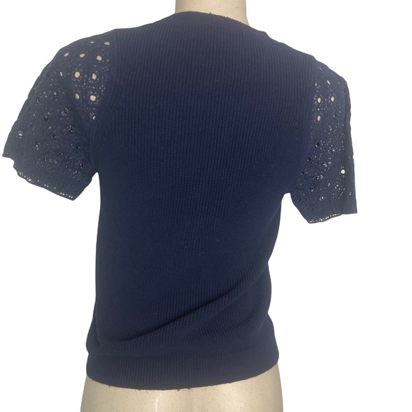J.CREW Women's Eyelet Lace Sleeve Cotton Knit Navy Short Sleeve Sweater Small - Picture 7 of 11